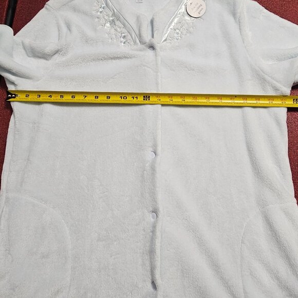 Miss Elaine Soft Blue Snap-Front Plush Robe Sz XL Satin Trim Pockets Grannycore - Picture 11 of 12